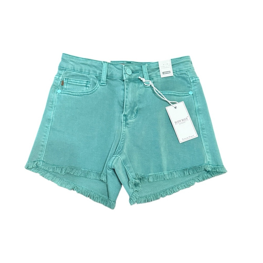 NWT’s Judy Blue Women’s Aqua Mid-Rise Frayed Hem Shorts | Size : XS